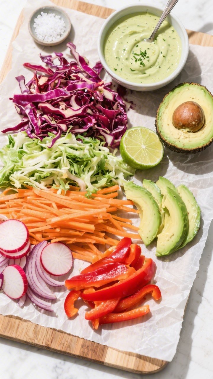 Overhead flat lay of Crunchy Rainbow Detox Slaw ingredient prep: vibrant piles of shredded red cabbage and green cabbage, julienned carrots, thinly sliced red bell pepper, radish rounds, and shaved red onion arranged on a large parchment-lined board; a small bowl of creamy avocado-lime dressing (pale green, flecked with herbs) with a spoon trail; lime halves, avocado, and a pinch bowl of sea salt nearby; bright, crisp lighting to highlight texture and color contrast