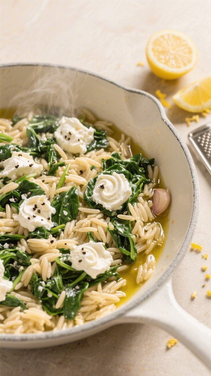 Overhead flat lay of Lemon Ricotta Spinach Orzo in a wide shallow white pan: glossy orzo simmered in vegetable broth, folded with baby spinach until just wilted, dollops of creamy ricotta melting in swirls, flecks of black pepper and kosher salt, a drizzle of olive oil catching the light, minced garlic visible between grains; lemon halves and a microplane with fresh zest on the side, warm neutral backdrop, soft morning light, steam subtly rising for a just-cooked look.