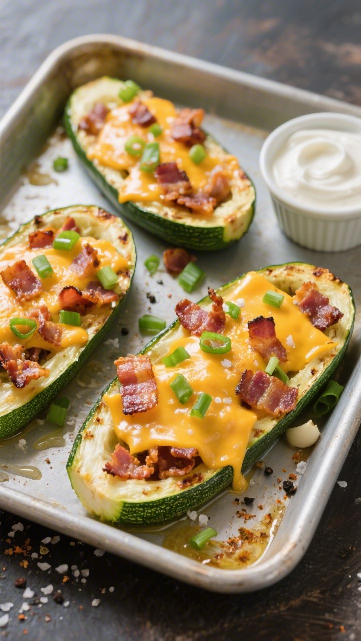 Overhead flat lay of loaded bacon-cheddar zucchini boats: halved zucchini roasted to tender, edges brushed with olive oil, sprinkled with kosher salt, black pepper, and garlic powder; cradling molten sharp cheddar, crispy crumbled bacon, and a scatter of sliced green onions; cheese browned and bubbly in spots; a small ramekin of sour cream on the side; vibrant green and golden contrasts on a sheet pan.