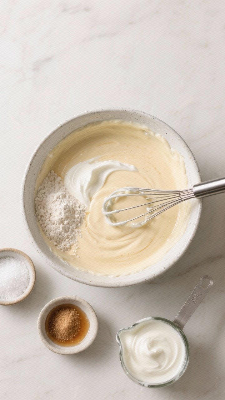 Overhead ingredient-and-batter scene for protein-packed Greek yogurt pancakes: a mixing bowl of thick, silky batter made with plain Greek yogurt, flour, baking powder and a pinch of baking soda, with visible ribbons from a whisk; small bowls of granulated sugar or maple syrup, fine salt, and a measuring cup of yogurt arranged neatly; minimalist, clean styling on a light surface to convey “better-for-you” yet indulgent; soft daylight for a fresh, creamy look.