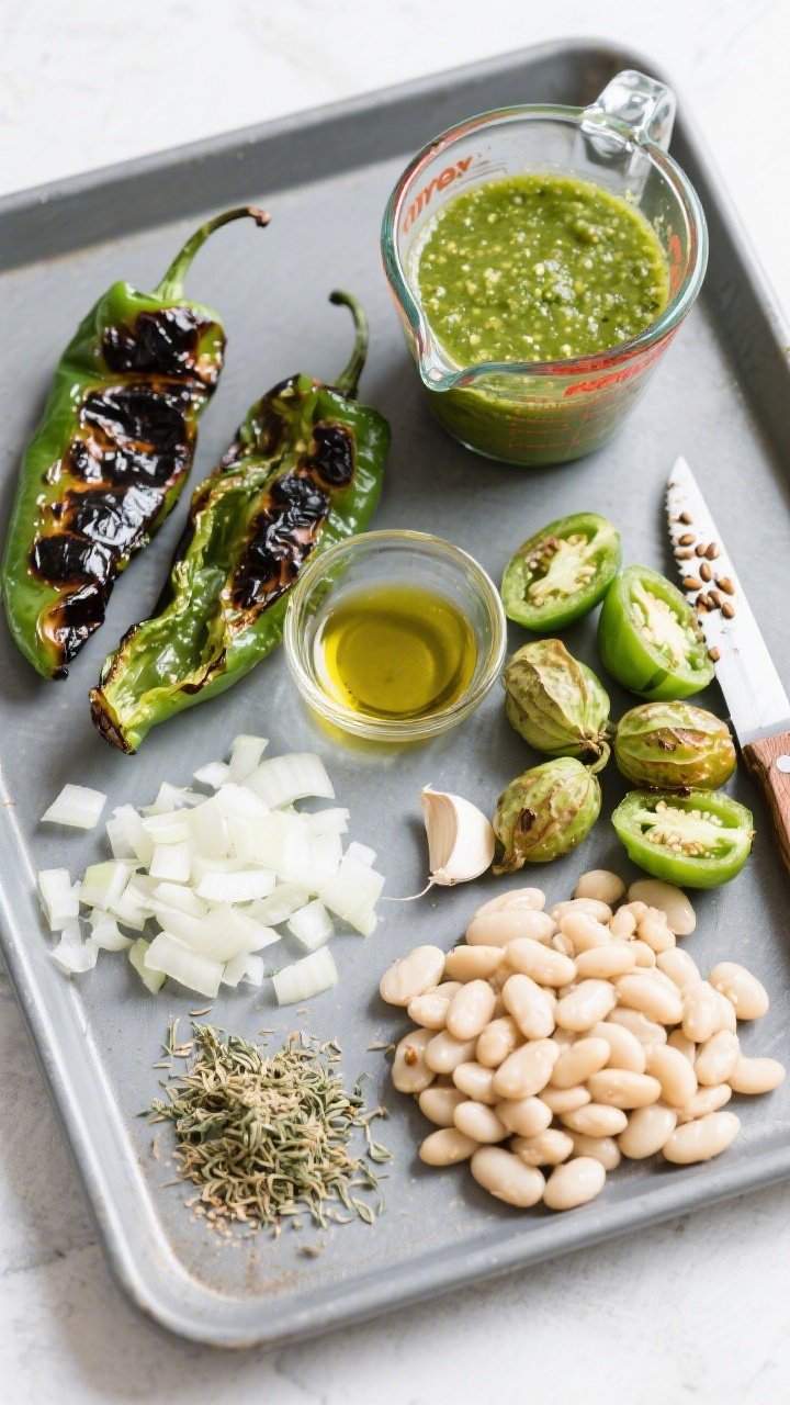 Overhead ingredient-and-process flat lay for White Bean Verde Chili With Roasted Poblanos: charred poblano peppers with blistered skins, husked tomatillos roasted until puckered, chopped onion, minced garlic, ground cumin, dried oregano, and drained white beans arranged on a cool gray sheet pan; a small bowl of olive oil, a knife with roasted poblano seeds nearby; half the tomatillos and poblanos blended into a vivid green salsa verde in a glass measuring jug; bright, clean lighting to emphasize fresh green hues and smoky char.