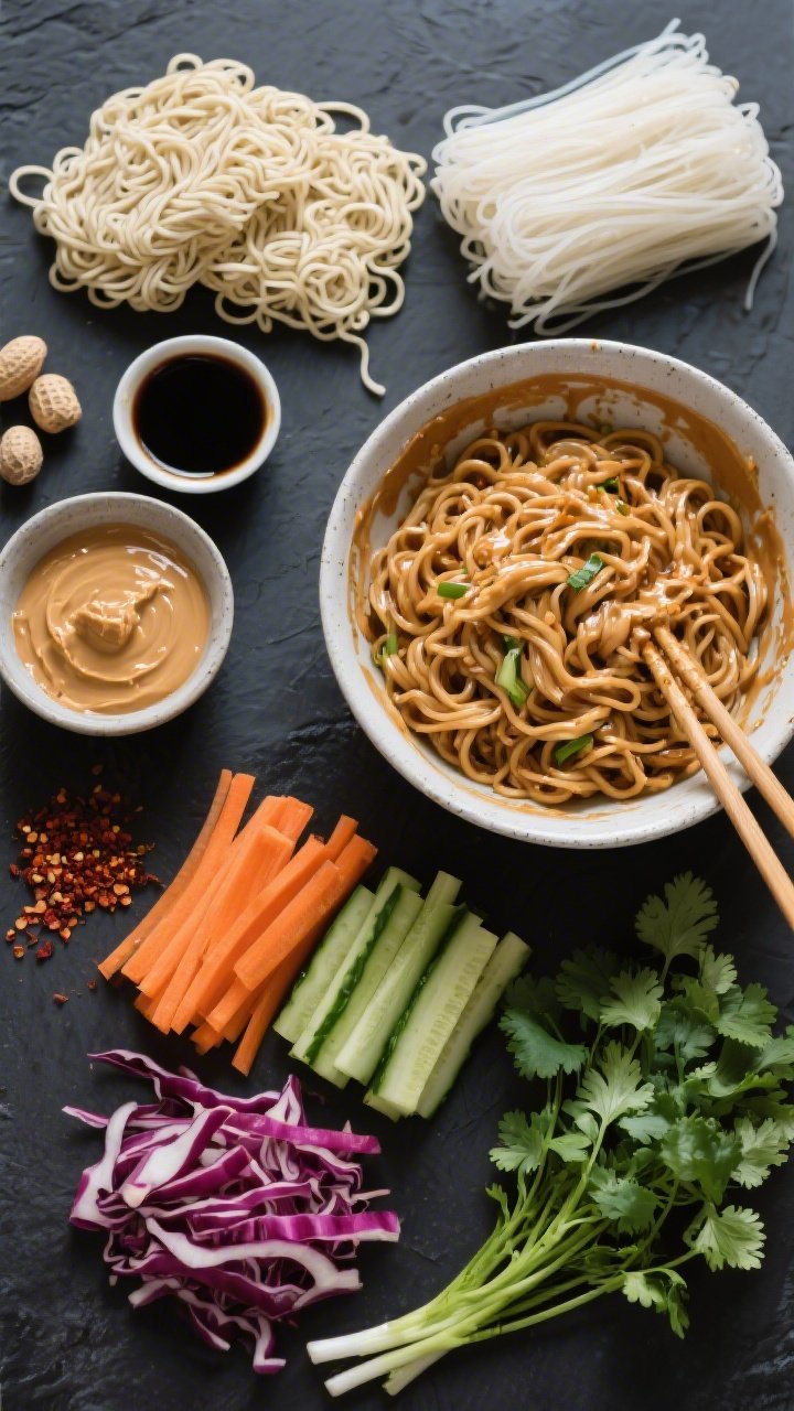 Overhead ingredient-prep scene for Pantry Put-Together Peanut Noodles: neatly arranged mise en place on a matte dark surface—dry noodles (ramen bricks and rice noodles), a small bowl of creamy peanut butter, soy sauce/tamari, rice vinegar, a touch of honey optional, chili flakes, sliced crunchy veg (julienned carrots, cucumber matchsticks, thin-sliced red cabbage), and fresh herbs (cilantro, scallions). A mixing bowl with glossy peanut sauce mid-stir, chopsticks resting nearby, bright, fresh, pantry-to-plate vibe.