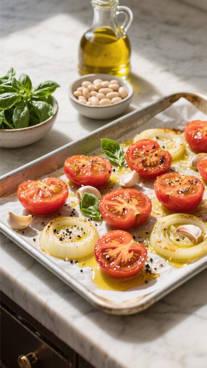 Overhead ingredient + process scene for Roasted Tomato, White Bean & Basil Soup on a parchment-lined sheet pan: quartered ripe tomatoes glistening with olive oil, thick slices of yellow onion, and whole peeled garlic cloves sprinkled with kosher salt and black pepper, ready for roasting; nearby a small bowl of cannellini (white) beans and a bunch of fresh basil; a drizzle bottle of olive oil and a rimmed baking tray catching juices; sunlit kitchen counter to suggest caramelization and concentrated tomato flavor.