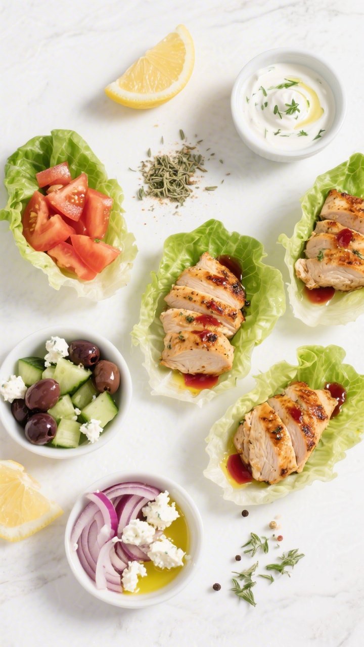 Overhead ingredient-to-assembly flat lay for Greek Goddess chicken lettuce wraps: sliced grilled chicken thighs marinated with olive oil, red wine vinegar, dried oregano, garlic powder, salt and pepper, arranged next to fresh butter lettuce cups. Add-ons in small bowls: diced cucumber, tomato, red onion, crumbled feta, kalamata olives, lemon wedges, and a light herby yogurt drizzle. Bright Mediterranean palette, clean white surface, clear separation of components inviting DIY assembly.