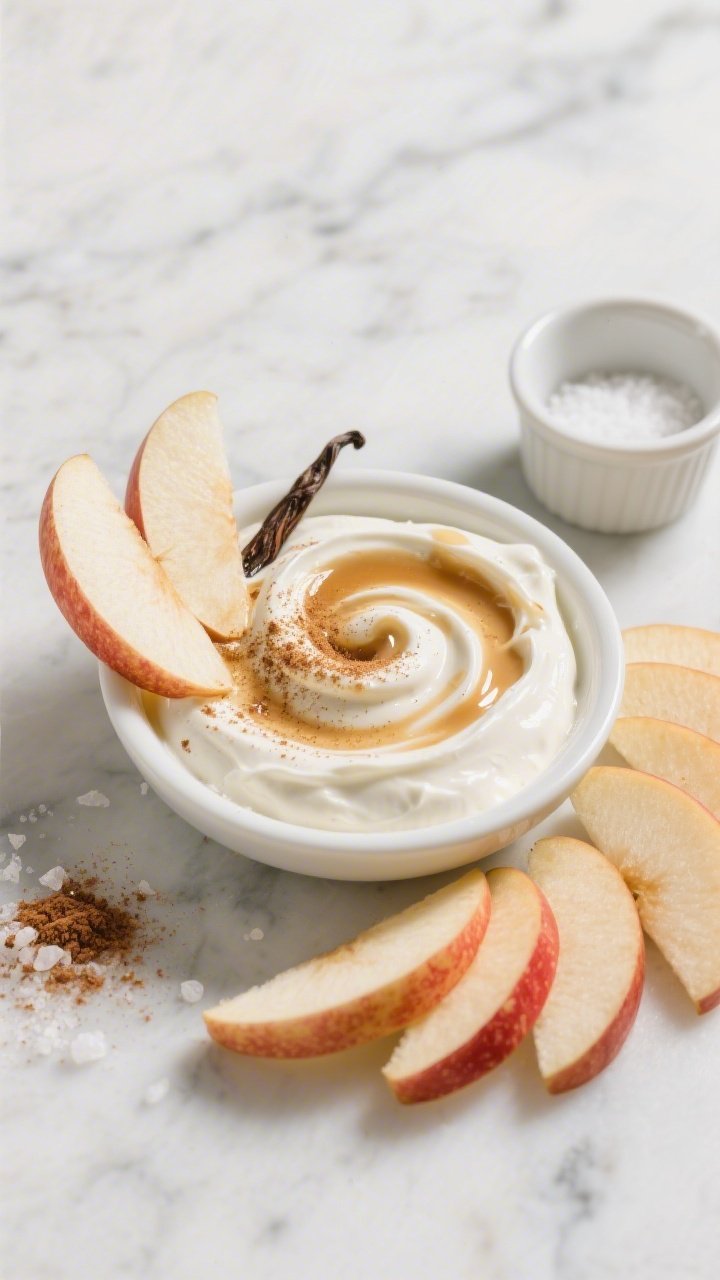 Overhead ingredient-to-final composition of maple-tahini yogurt dip in a small white bowl: ultra-creamy plain Greek yogurt swirled with tahini, drizzled with pure maple syrup, dusted with cinnamon, and kissed with vanilla; arranged with crisp apple slices fanned around the bowl for dipping; pinch of sea salt shown in a tiny ramekin; bright, fresh lighting on a cool marble surface.