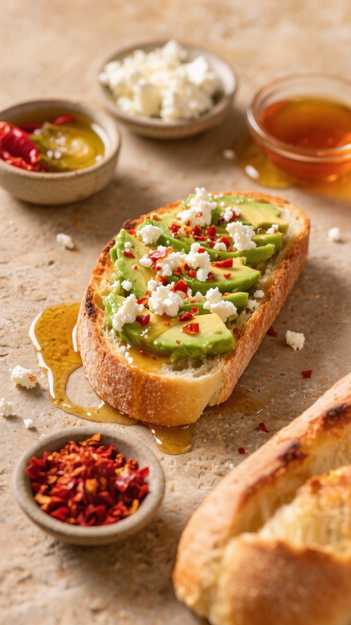 Overhead ingredient-to-finish progression: toasted ciabatta halves brushed with olive oil, spread with chunky avocado mixed with apple cider vinegar and red chili flakes/Aleppo, scattered with crumbled feta, finished with a glossy hot-honey drizzle pooling at the edges. Include small bowls of chili flakes, hot honey, and feta on a warm stone surface; vibrant reds and golds signal sweet-heat crunch.