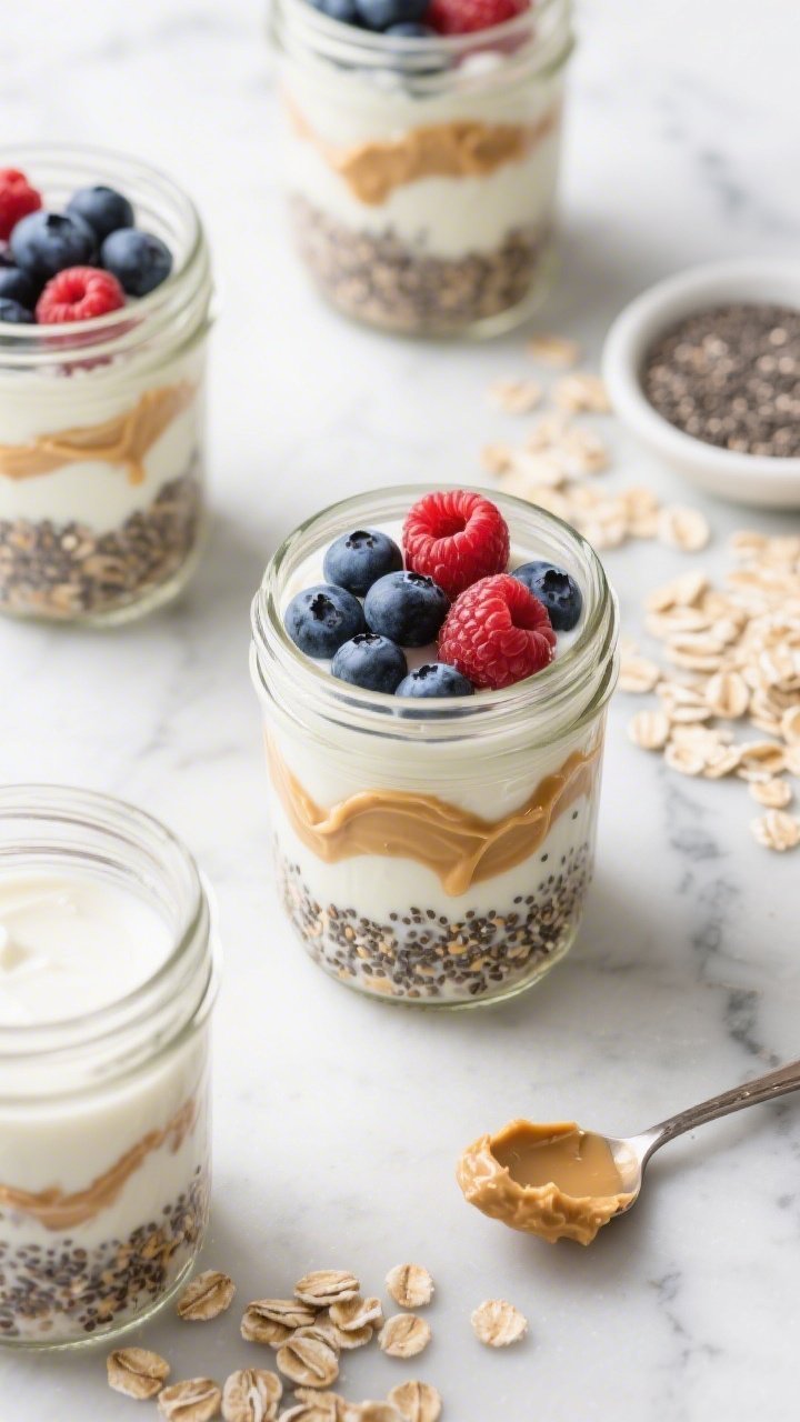 Overhead ingredient-to-jar transition for berry-chia overnight oats: mason jars layered with old-fashioned rolled oats, chia seeds, unsweetened almond milk, low-fat Greek yogurt, and a swirl of almond butter, topped with mixed berries (blueberries, raspberries) and a light drizzle of pure maple syrup. Arrange spare oats, chia, and a spoon with almond butter around the jars on a cool marble surface, clean and fresh morning vibe.