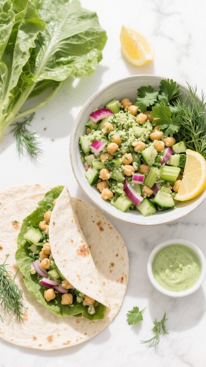 Overhead ingredient-to-wrap transition for green goddess chickpea salad wraps: a vibrant mixing bowl of smashed chickpeas combined with finely chopped celery, red onion, diced cucumber, fresh parsley, and dill bound in a creamy green herb dressing; next to open tortillas or leafy wraps ready for filling. Include lemon wedges, extra dill fronds, and a small bowl of the green dressing; bright, fresh midday light, crisp greens, clean white surface for a no-cook, healthy vibe.