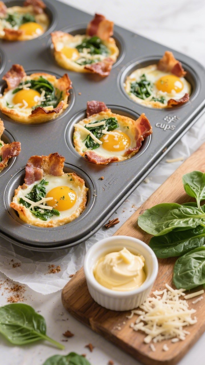 Overhead muffin-tin ingredient-to-final transition shot of bacon-spinach egg cups: a nonstick muffin pan filled with neatly lined sugar-free bacon “cups,” each holding a custardy egg mixture (eggs, heavy cream) speckled with chopped baby spinach, Gruyère shreds, onion powder, and a hint of nutmeg; tops lightly puffed and golden with melted cheese blistering; a small ramekin of warm garlic-herb butter brushed on a few cups for a glossy finish; staged on a parchment-lined board with grated Gruyère and fresh spinach leaves scattered; bright, appetizing daylight.