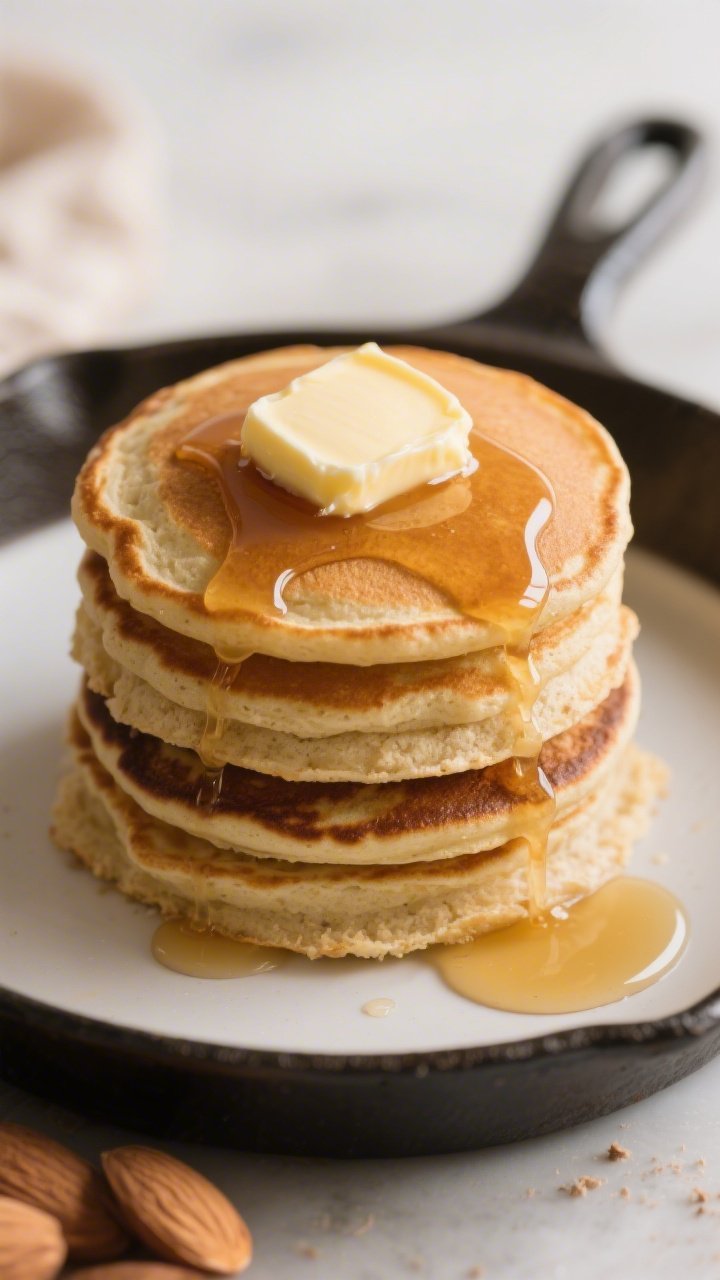 Overhead pancake stack plated shot: a tall stack of almond flour pancakes (almond flour + coconut flour, baking powder, sea salt, eggs, almond milk) with even golden surfaces and delicate crumb, edges slightly crisp; topped with a glossy “maple-butter hack” pat: a melting disc of butter streaked with sugar-free maple syrup dripping down the sides; extra pat of melted butter pooling on the plate; warm, cozy tones, cast-iron skillet with residual butter in the corner; soft, natural morning light.