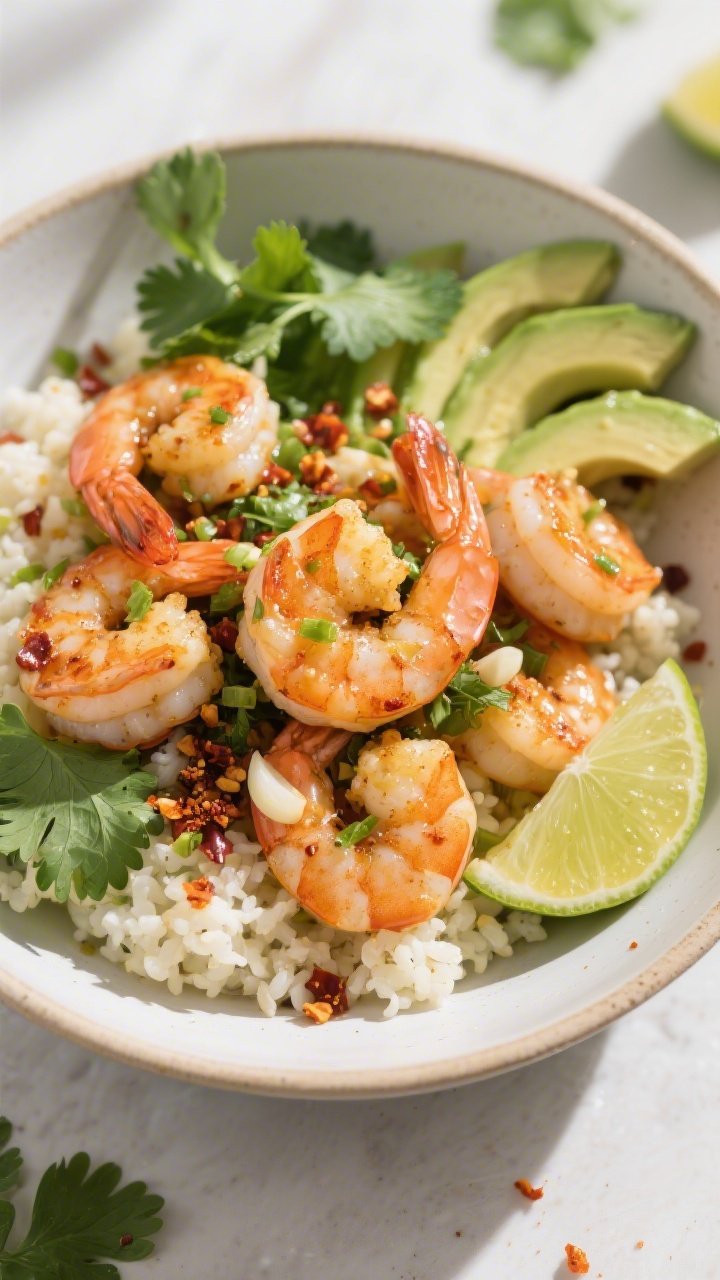 Overhead plated bowl composition of zesty cilantro-lime shrimp: large shrimp glistening with olive oil, minced garlic, ground cumin, smoked paprika, kosher salt, black pepper, tossed with lime zest and juice; served over a bed of cauliflower rice with sliced avocado fan, fresh cilantro leaves, lime wedges, and a sprinkle of chili crunch; bright, sunlit, fresh and vibrant mood