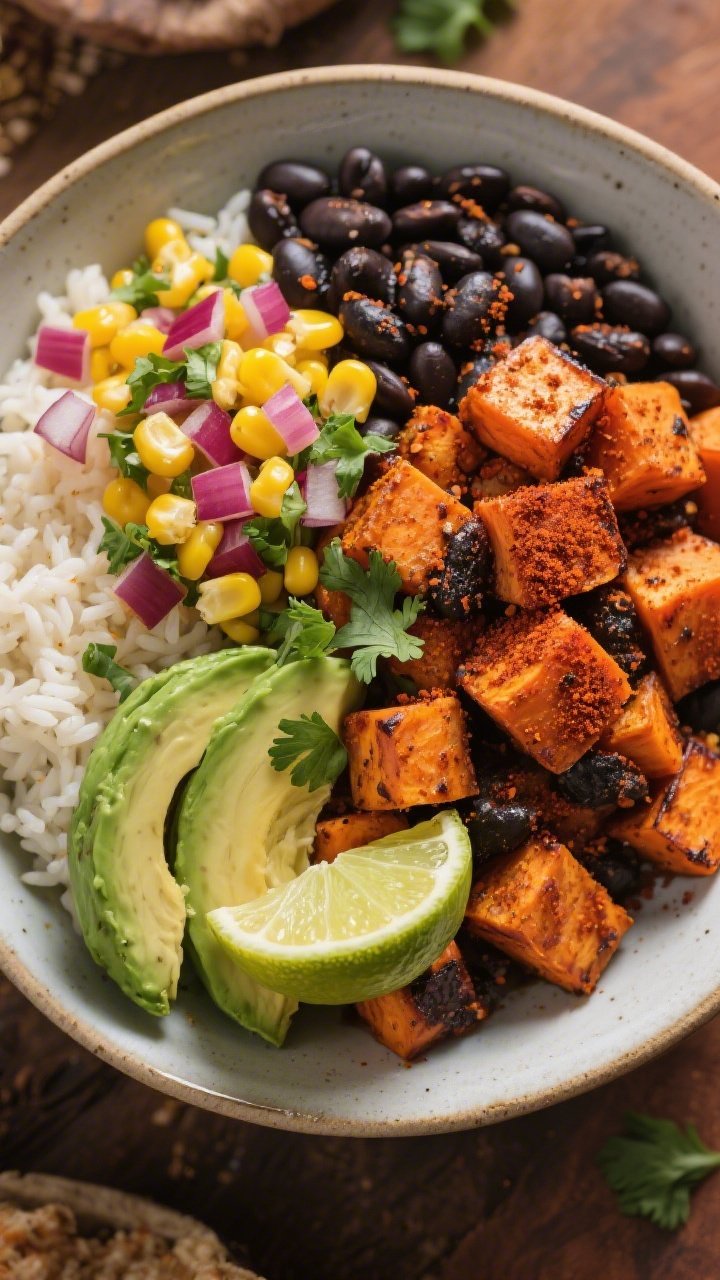 Overhead plated burrito bowl showcasing smoky sweet potato and black bean combo: roasted 1/2-inch sweet potato cubes dusted with chili powder, smoked paprika, and cumin, nestled beside seasoned black beans, a bright corn salsa (yellow corn, red onion, cilantro, lime), and a scoop of fluffy rice; finished with avocado slices, a squeeze of lime, and a sprinkle of cilantro; warm, inviting Southwest mood, high contrast to highlight char and spice rub, no hands.
