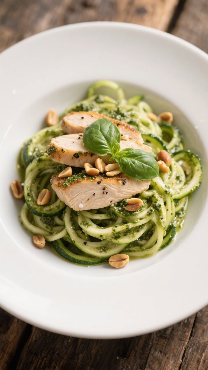 Overhead plated presentation of creamy pesto zoodles with chicken: spiralized zucchini coated in a glossy basil pesto made from fresh basil and toasted pine nuts, twirled into nests; thinly sliced chicken breast seared in olive oil, seasoned with sea salt and black pepper, layered on top; scattered extra pine nuts and torn basil leaves; clean white bowl on a rustic wooden table for contrast, emphasizing variety beyond heavy dairy.