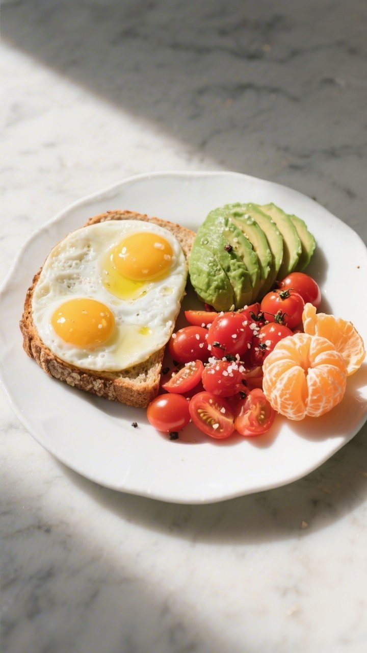 Overhead plated shot of a bright Mediterranean breakfast: 2 sunny-side-up eggs glistening with a 1 tsp olive oil drizzle, a slice of whole-grain toast topped with fanned 1/2 avocado slices, a heap of halved cherry tomatoes sprinkled with sea salt and cracked black pepper, and a peeled clementine segment cluster on the side. Style on a white ceramic plate over light marble, fresh, zesty mood with natural morning light and soft shadows; vibrant reds, greens, and golden yolks in crisp focus.
