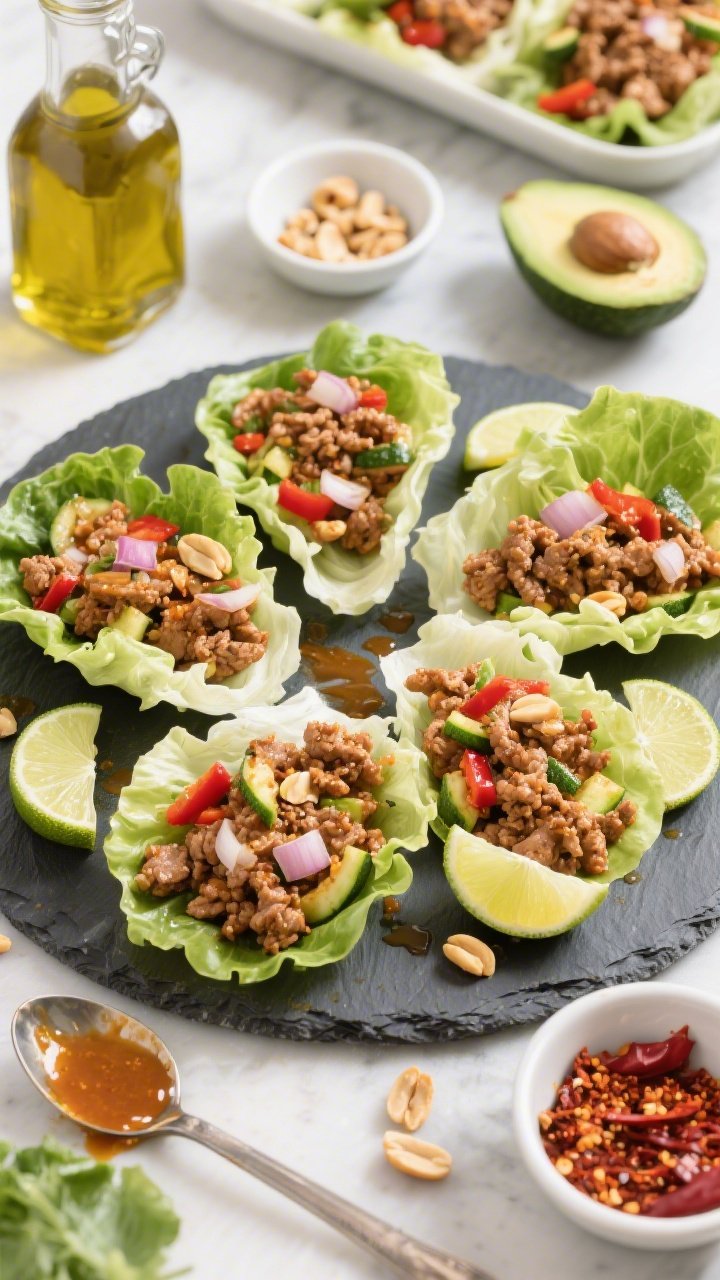 Overhead prep scene for spicy peanut-lime turkey lettuce wraps: browned ground turkey studded with minced onion, garlic, grated ginger, finely diced red bell pepper and zucchini, tossed in a glossy peanut-lime sauce; arranged with crisp butter lettuce cups ready to fill, lime wedges, chopped peanuts, and chili flakes in small bowls; avocado oil bottle and a spoon with sauce drips add movement; bright, casual meal-prep vibe on a slate board.