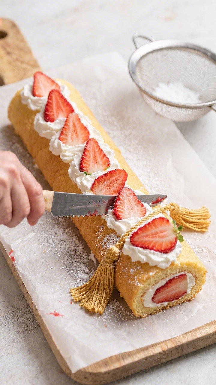 Overhead process shot of a strawberry shortcake graduation roll being filled: a golden sponge sheet spread with softly whipped cream and dotted with sliced fresh strawberries, ready to roll. A completed roll sits to the side, seam down, dusted with powdered sugar and adorned with neat strawberry fan slices to echo a tassel motif. Props include a fine-mesh sieve dusted with sugar, a serrated knife with strawberry juice smears, and a parchment-lined board; fresh, airy, early-summer vibe.
