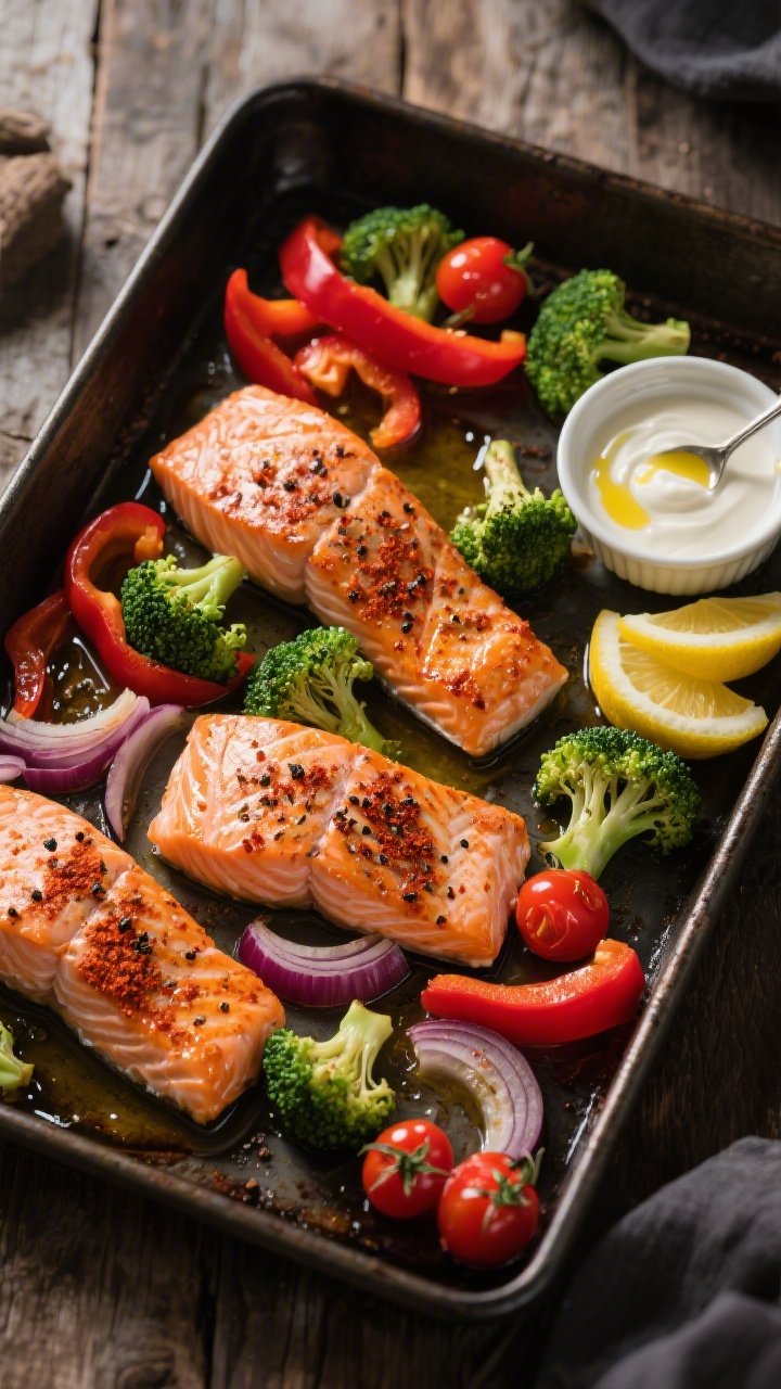 Overhead sheet-pan scene: four skin-on salmon fillets dusted with smoky paprika and black pepper, surrounded by broccoli florets, sliced red bell pepper, red onion crescents, and whole cherry tomatoes, all glistening with olive oil; lemon wedges on the side and a small ramekin of tangy lemon yogurt drizzle with a spoon trail; roasted caramelized edges, vibrant reds and greens, on a dark metal pan over a rustic wood surface, crisp, professional lighting.