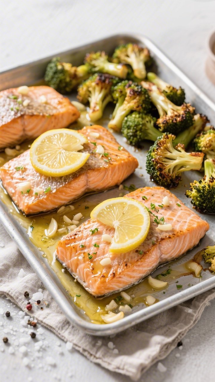 Overhead sheet-pan scene: skin-on salmon fillets brushed with melted butter and olive oil, dotted with minced garlic and lemon zest, topped with thin lemon slices; alongside, broccoli florets tossed in olive oil and butter, edges browned and crispy. Golden, slightly charred broccoli tips, salmon flakes visible at the seams. Metallic pan on a linen, sea-salt crystals and cracked pepper scattered, clean, fresh, weeknight dinner mood.