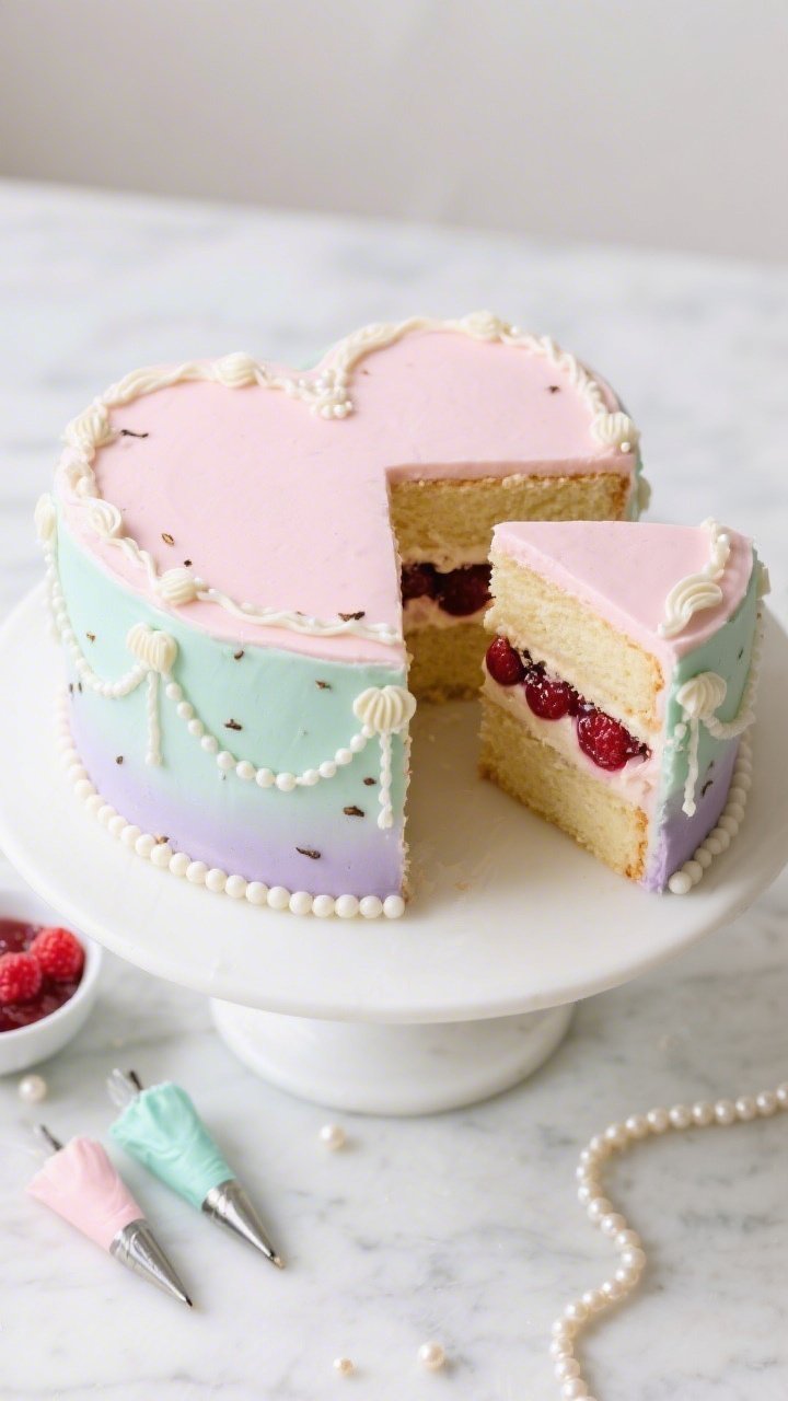 Overhead shot: A pastel sweetheart heart-shaped vanilla cake, two 8-inch layers stacked and filled with glossy seedless raspberry jam peeking between layers, coated in soft pastel buttercream with delicate Lambeth-style pearled swags, drop strings, and tiny shell borders; vanilla bean paste flecks in a sliced piece on the side; pastel pink, mint, and lavender palette; styled on a white cake stand over a pale marble surface with a small bowl of raspberry jam, piping tips, and a string of sugar pearls scattered; bright, diffused daylight, crisp focus on the piped pearls and swags.