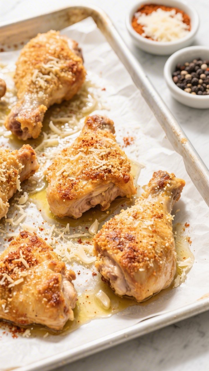 Overhead shot: Crispy Parmesan chicken thighs on a parchment-lined sheet pan, golden skin crackling with a crust of grated Parmesan, garlic powder, and smoked paprika; a light sheen of olive oil; small bowls of the spice mix and extra Parmesan nearby; salt and black pepper pinch bowls to the side; bright, natural light emphasizing texture and crunchy edges.