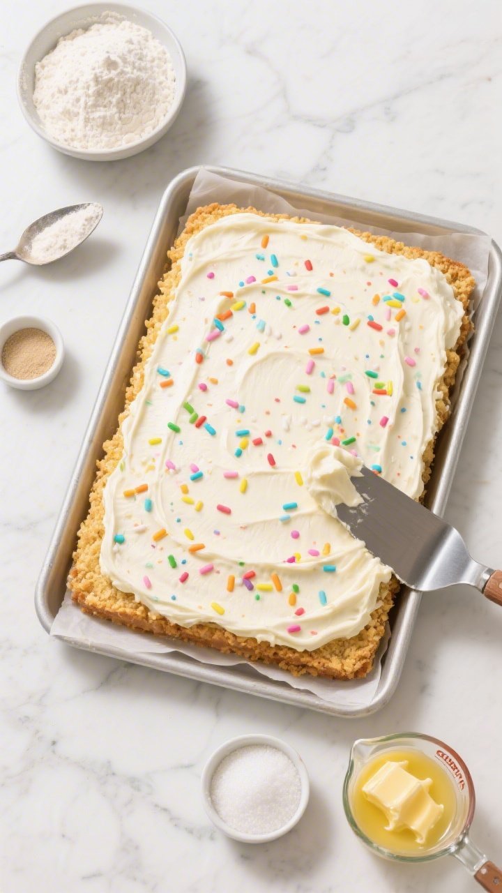 Overhead shot of a confetti sheet cake just frosted with “diplomatic buttercream,” rainbow sprinkles folded through a golden crumb, set in a parchment-lined metal sheet pan. Visible ingredients styled around the pan: a small bowl of all-purpose flour, a tablespoon of baking powder, a pinch bowl of baking soda and fine salt, a ramekin of granulated sugar, and a measuring cup with melted unsalted butter showing glossy sheen. A metal offset spatula leaves swoops in the buttercream, with pastel rainbow confetti sprinkles scattered on top; bright, celebratory mood on a white marble surface.