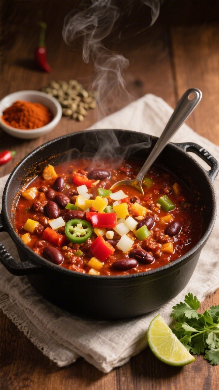 Overhead shot of a hearty Classic Gold-Medal Veggie Chili simmering in a matte black Dutch oven: visible diced yellow onion, red bell pepper, optional minced jalapeño, and glossy kidney beans in a deep brick-red chili base; flecks of chili powder and cumin bloom in oil with minced garlic; steam rising, ladle resting on the rim, small bowls of chili powder and cumin nearby, a lime wedge and chopped cilantro for garnish on the side; styled on a warm wood surface with a neutral linen, dramatic side lighting for rich shadows, no people.