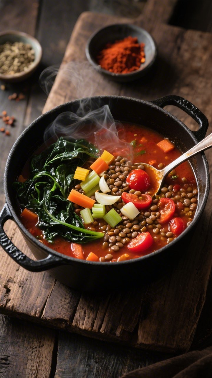 Overhead shot of a hearty Smoky Lentil, Tomato & Greens Power Soup simmering in a matte black Dutch oven: visible diced yellow onion, carrots, celery, and minced garlic nestled among brown lentils and chunky tomatoes; deep red hue from smoked paprika with a hint of cumin, steam curling up; folded ribbons of dark leafy greens just wilted; rustic wooden surface, ladle resting on the rim, small bowls of smoked paprika and cumin nearby for context, moody natural light emphasizing the smoky, robust texture.