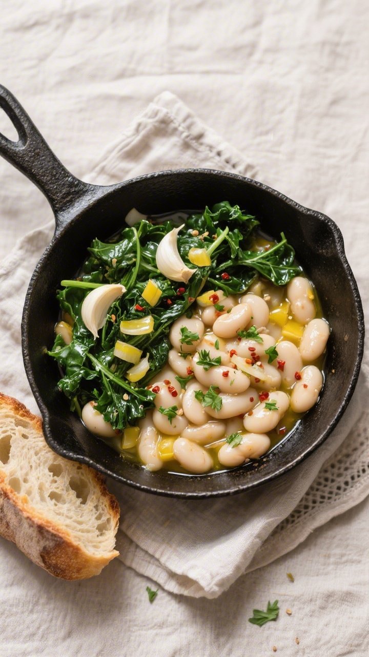Overhead shot of a Herby Tuscan white bean skillet: cannellini beans simmered with thinly sliced garlic, diced yellow onion, lightly crushed fennel seeds, and a kiss of red pepper flakes in extra-virgin olive oil; garlicky greens (wilted kale/spinach) folded through, finished with chopped parsley and a drizzle of oil; served in a black cast-iron skillet on a linen, toasted country bread on the side, saucy gloss with tender beans and vibrant greens, cozy farmhouse mood.