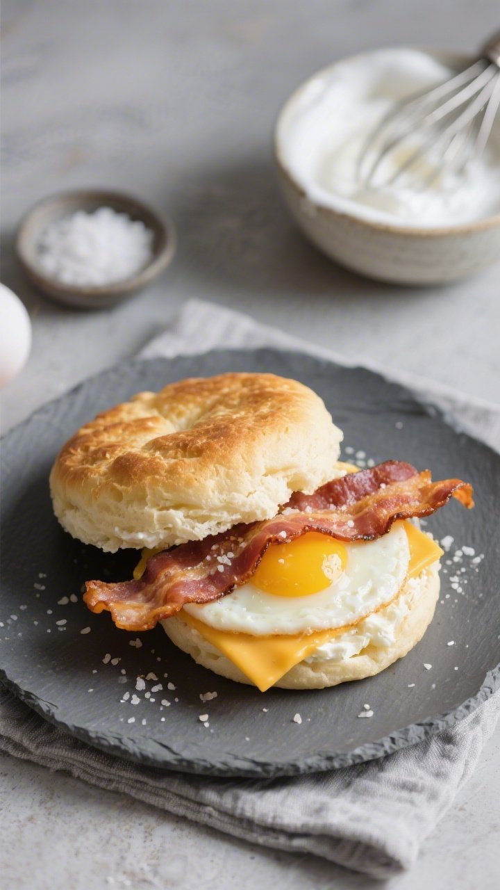 Overhead shot of a keto cloud bread breakfast sandwich on a matte slate plate: two golden, airy cloud bread rounds made from whipped egg whites, cream cheese, and cream of tartar, sandwiching a crispy sugar-free bacon strip, a runny-yolk fried egg, and a melty slice of cheddar; sprinkle of sea salt visible on the cloud bread surface; styled on a cool gray linen with a small dish of sea salt and a whisked egg white foam bowl in the background; soft morning light, shallow depth, crisp textures emphasized.