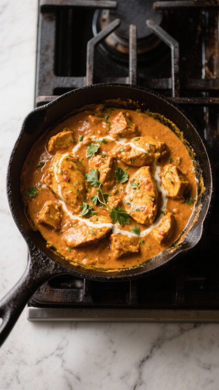 Overhead shot of a stovetop skillet filled with creamy chicken tikka masala for a weeknight dinner: tender