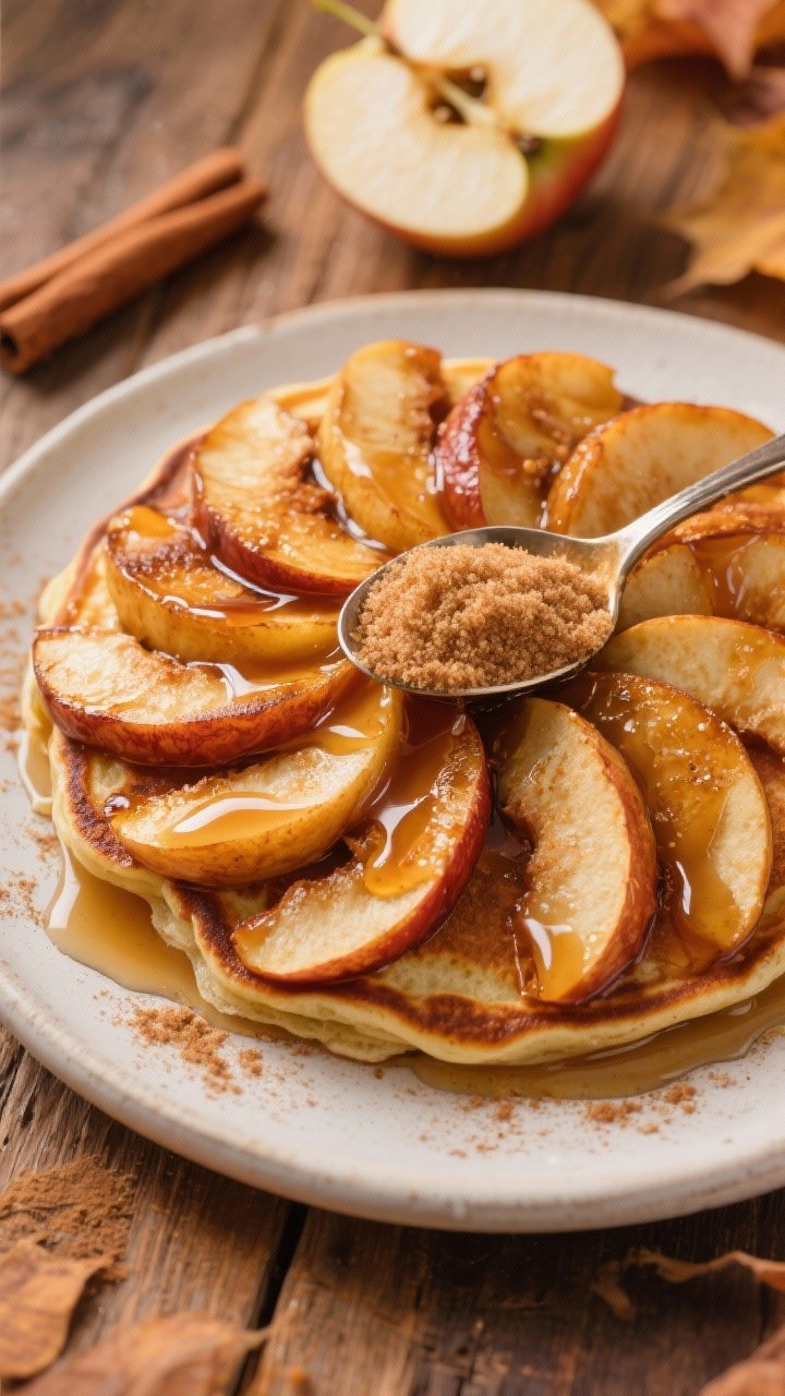 Overhead shot of apple pie pancakes with caramelized cinnamon apples: pancakes arranged in a fan with glossy, golden-brown apple slices caramelized in cinnamon and sugar spooned generously on top; a drizzle of syrup and a dusting of cinnamon; show a cinnamon stick and a sliced apple nearby; cozy autumnal styling on a warm wood surface, emphasizing amber caramel and tender apple textures.