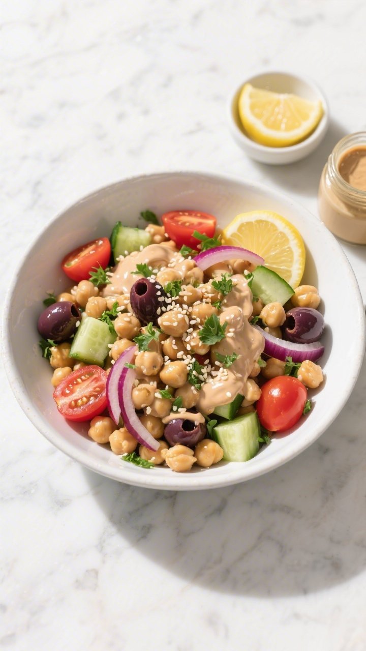 Overhead shot of Big Mediterranean Chickpea Bowls: a wide white ceramic bowl filled with rinsed chickpeas, diced English cucumber, halved cherry tomatoes, thinly sliced red onion, and halved Kalamata olives, drizzled generously with a glossy lemon-tahini sauce and sprinkled with fresh parsley and sesame seeds; bright, sunlit styling on a light marble surface with a small bowl of lemon wedges and a jar of tahini to the side; crisp textures, vivid reds, greens, and purples, clean Mediterranean aesthetic, no people.