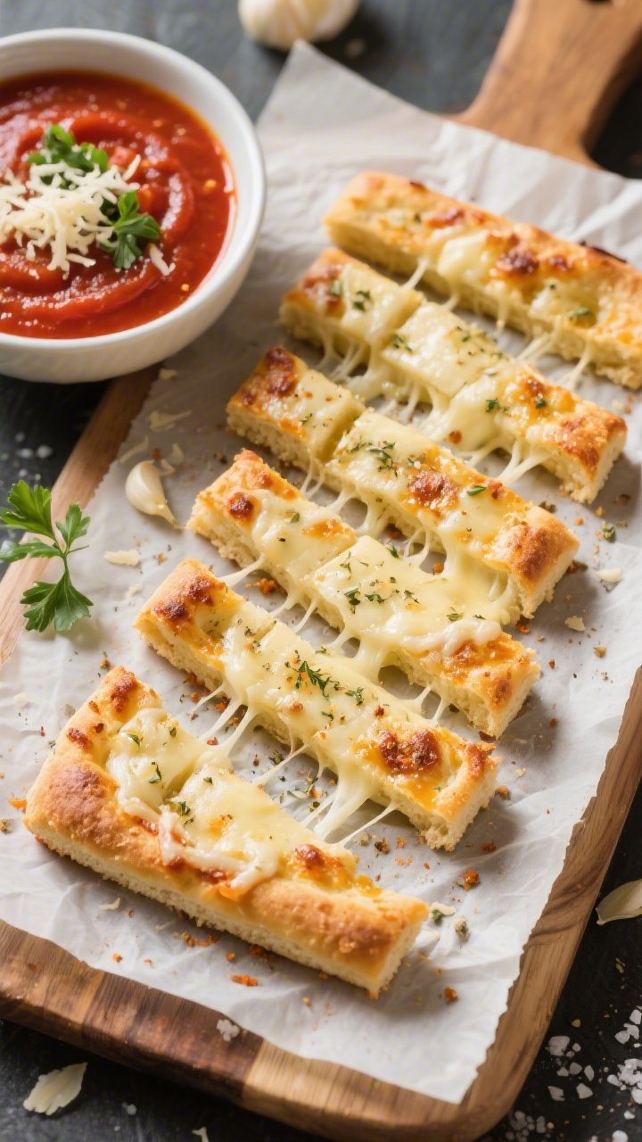 Overhead shot of cheesy garlic bread “sticks” with marinara: rectangular sheet of golden, mozzarella-and-cream-cheese almond flour base scored into sticks, edges crisp; surface speckled with garlic powder, Italian seasoning, kosher salt, and lightly browned cheese; a bowl of bright marinara with olive oil sheen for dipping; a sprinkle of grated Parmesan and parsley; served on parchment over a wooden board.