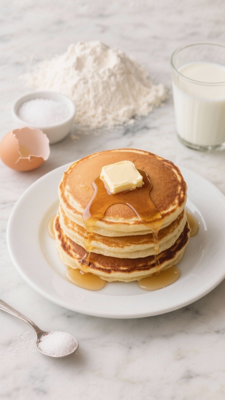 Overhead shot of classic diner-style fluffy pancakes stacked three-high on a white ceramic plate, golden-brown with crisp edges and soft interiors, a pat of melting unsalted butter on top and maple syrup dripping down the sides; include a small bowl of granulated sugar, a heap of all-purpose flour, a teaspoon of baking powder and a pinch of baking soda and fine salt styled nearby, with a glass of milk and a cracked egg shell to hint at the batter; shot on a neutral marble surface with soft morning light, minimal props for a timeless diner feel.