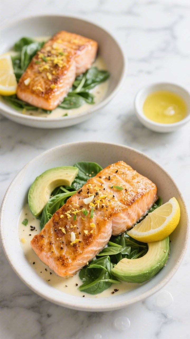 Overhead shot of creamy lemon-garlic salmon bowls: two skin-on salmon fillets seared in avocado oil with golden, crispy skin, flakes glistening with lemon zest, garlic powder, sea salt, and black pepper; nestled over a bed of wilted baby spinach with fanned slices of small avocado; lemon wedges and a small dish of lemon juice on the side; bright, clean styling on a light marble surface, subtle condensation and gloss to emphasize creaminess and freshness.