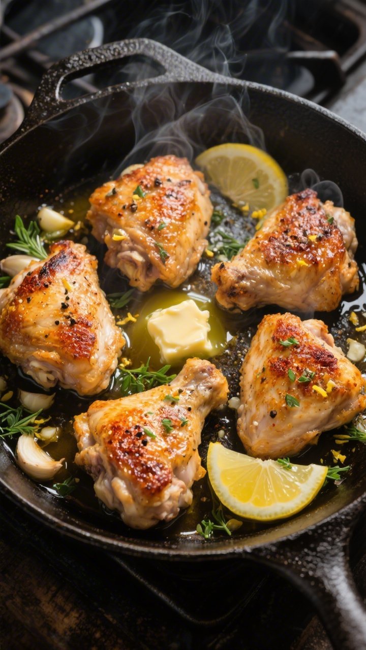 Overhead shot of crispy lemon-garlic chicken thighs sizzling in a cast-iron skillet: golden, crackling skin on 6 bone-in thighs, seasoned with kosher salt, black pepper, garlic powder, and smoked paprika, seared in avocado oil; herbed butter pan sauce pooling with melted butter, minced garlic, and chopped fresh herbs, lemon slices and zest scattered, steam rising on a dark rustic stovetop scene