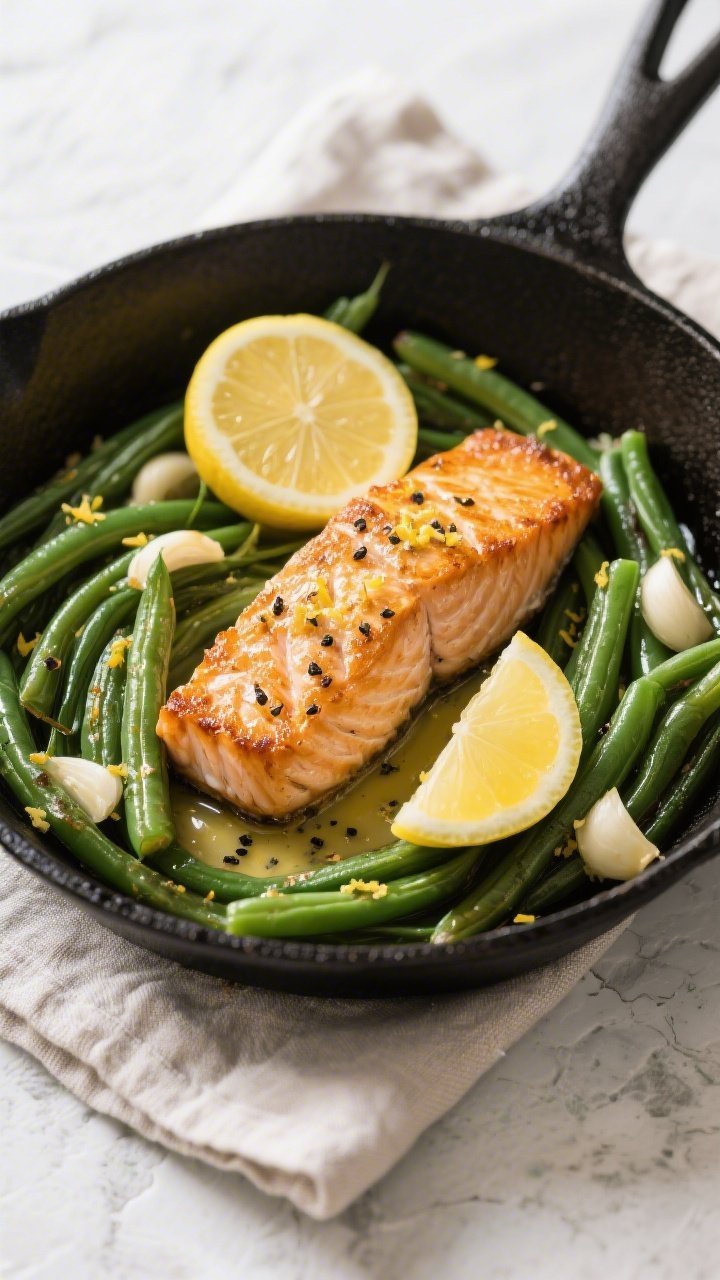 Overhead shot of crispy skin-on lemon-butter salmon fillets in a black cast-iron skillet, nestled with vibrant sautéed garlic green beans; visible lemon zest sprinkled on top, lemon wedges and a small pool of glossy butter sauce with cracked black pepper; styled on a light stone surface with a folded linen, bright, clean lighting emphasizing golden salmon skin and tender green beans.