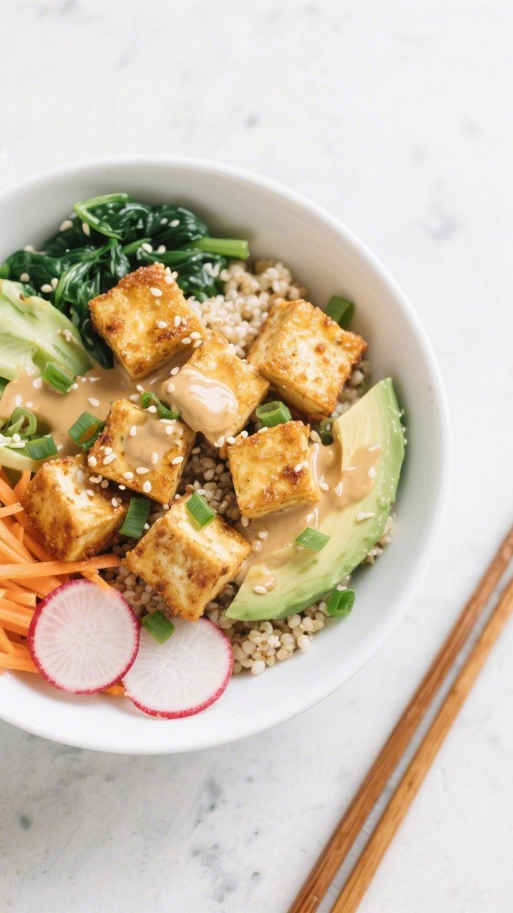 Overhead shot of Crispy Tofu Power Bowls: golden, cornstarch-dusted extra-firm tofu cubes seared in sesame and neutral oil, served over fluffy quinoa with steamed greens, avocado slices, shredded carrots, and radish. Drizzle of glossy ginger-tahini dressing pooling on the quinoa, sprinkled with sesame seeds and green onions. Bright, clean styling on a matte white bowl over a light stone surface, chopsticks to the side.