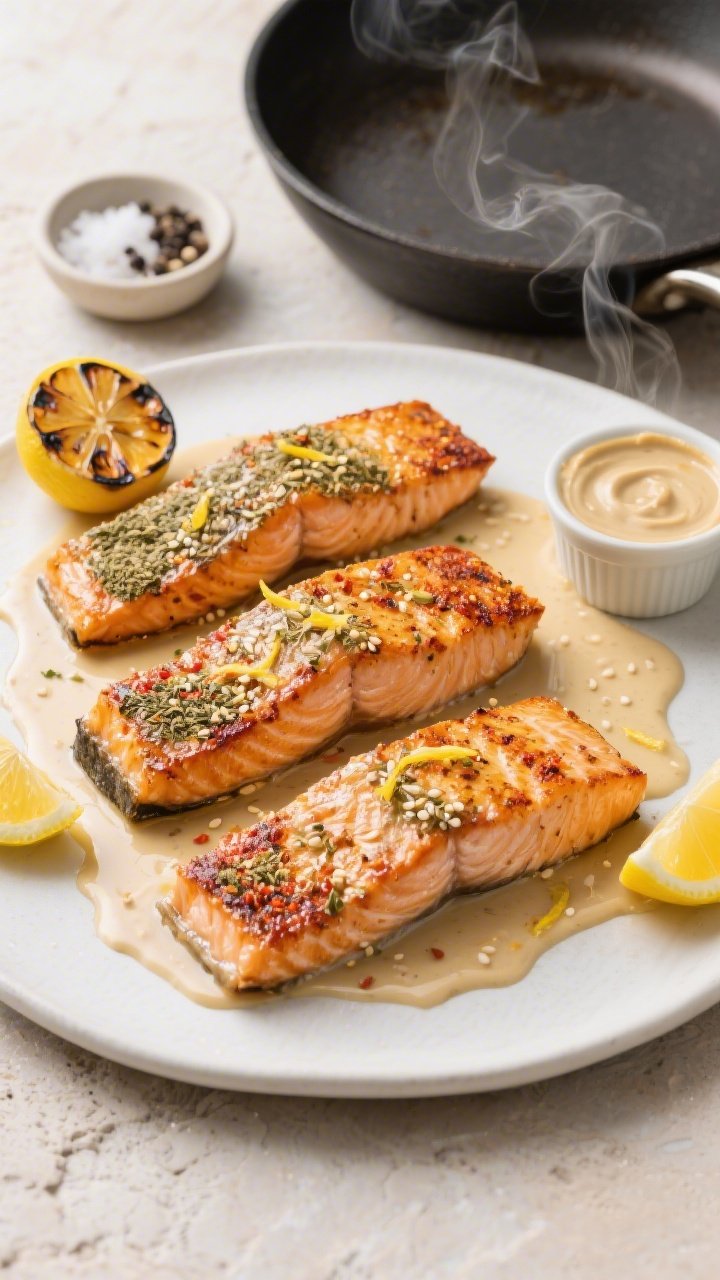 Overhead shot of crispy za’atar salmon fillets just off the skillet: four skin-on fillets with golden, blistered skin and za’atar-smoked paprika crust, flecks of lemon zest glistening, drizzled with silky lemon-tahini sauce pooling slightly on a matte white platter. Surround with halved lemon (one charred cut-side down), a small ramekin of extra tahini drizzle, a pinch bowl of sea salt and cracked black pepper, and a wisp of steam. Warm Mediterranean styling on a light stone surface, sharp focus on texture of spice crust and sesame flecks in za’atar.