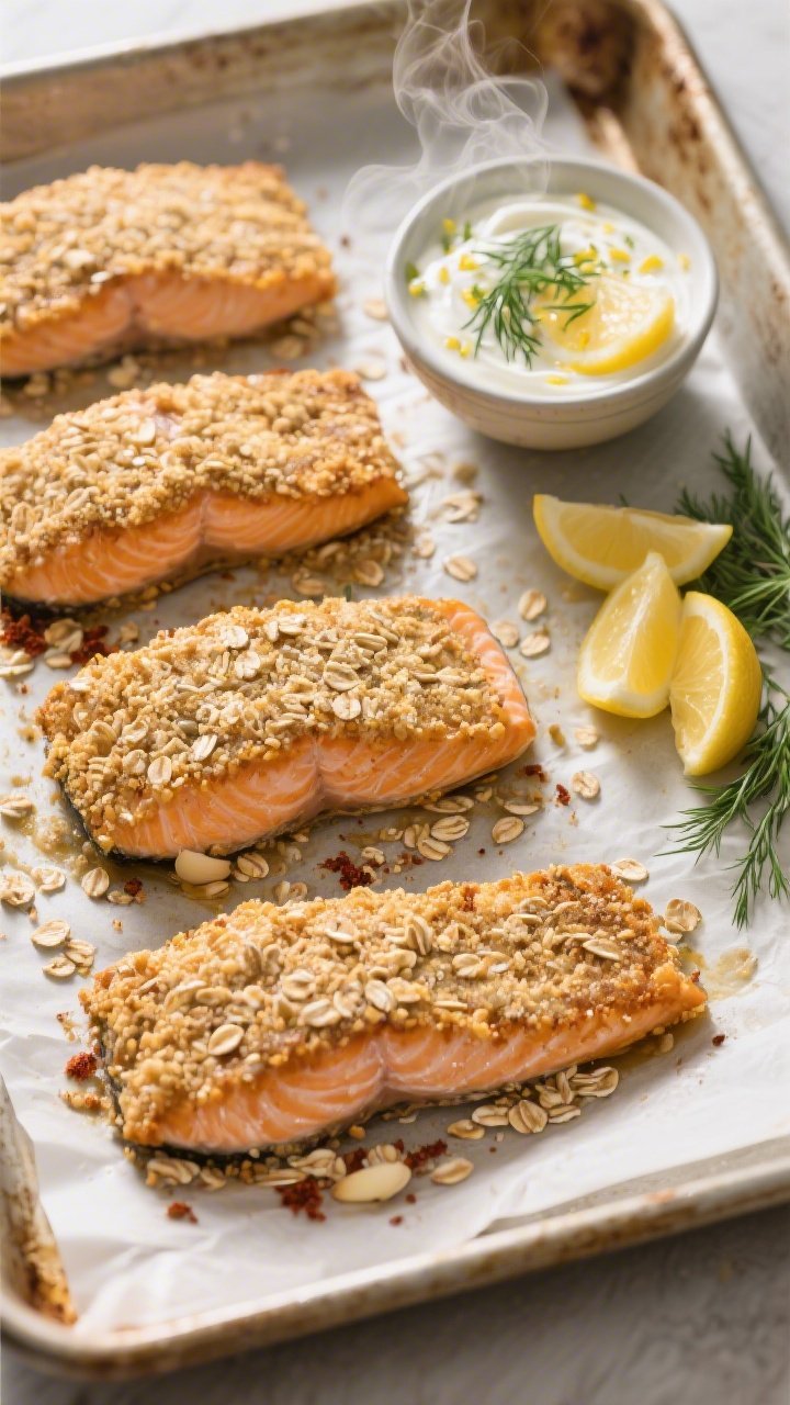 Overhead shot of crunchy oat-crusted salmon fillets just out of the oven: four skin-on salmon portions coated in a golden crust of rolled oats, ground flaxseed, garlic powder, smoked paprika, and kosher salt, set on a parchment-lined sheet pan. A small bowl of lemon-dill Greek yogurt sauce with visible lemon zest and fresh dill fronds sits nearby, with lemon wedges scattered. Warm natural light, crisp textures emphasized, steam subtly rising.