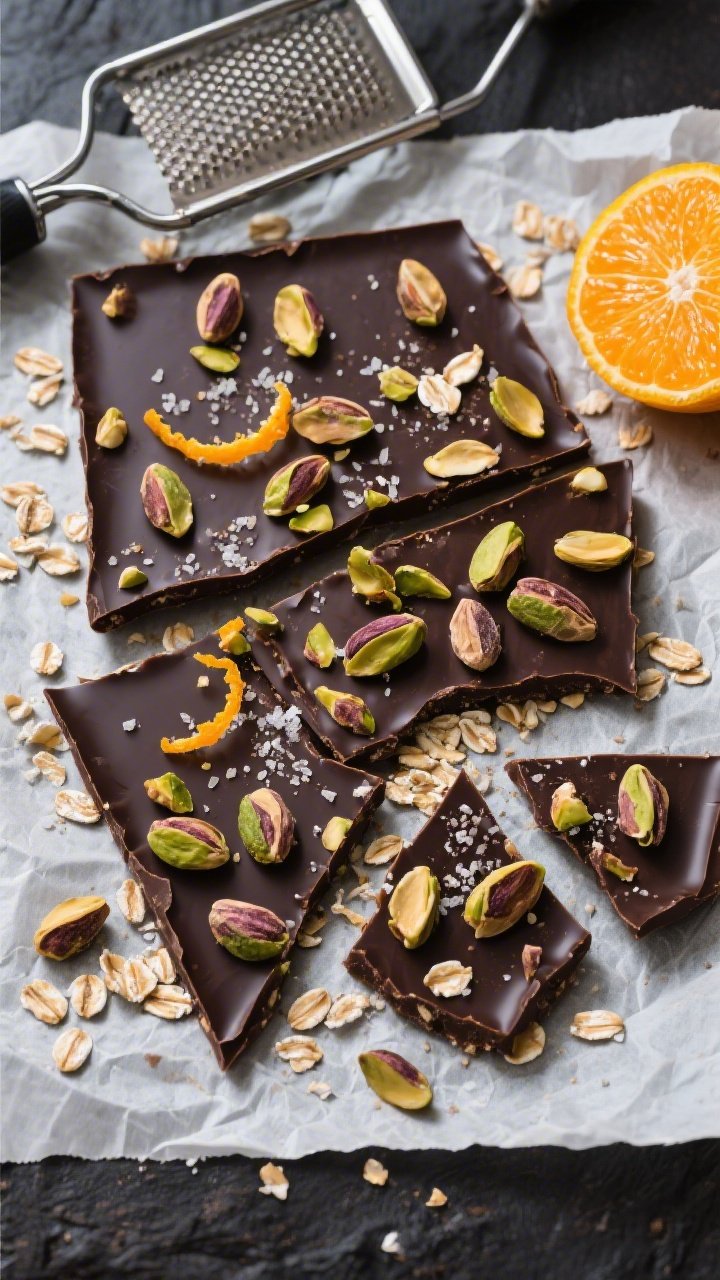 Overhead shot of dark chocolate, pistachio, and orange bark on parchment: glossy dark chocolate slab (70–85% cacao) scattered with roughly chopped pistachios and vivid orange zest, dusted with lightly toasted rolled oats tossed in a whisper of maple syrup and a pinch of sea salt. Broken shards arranged artfully, with a microplane and fresh orange nearby. High contrast, sharp focus on textures and shine.