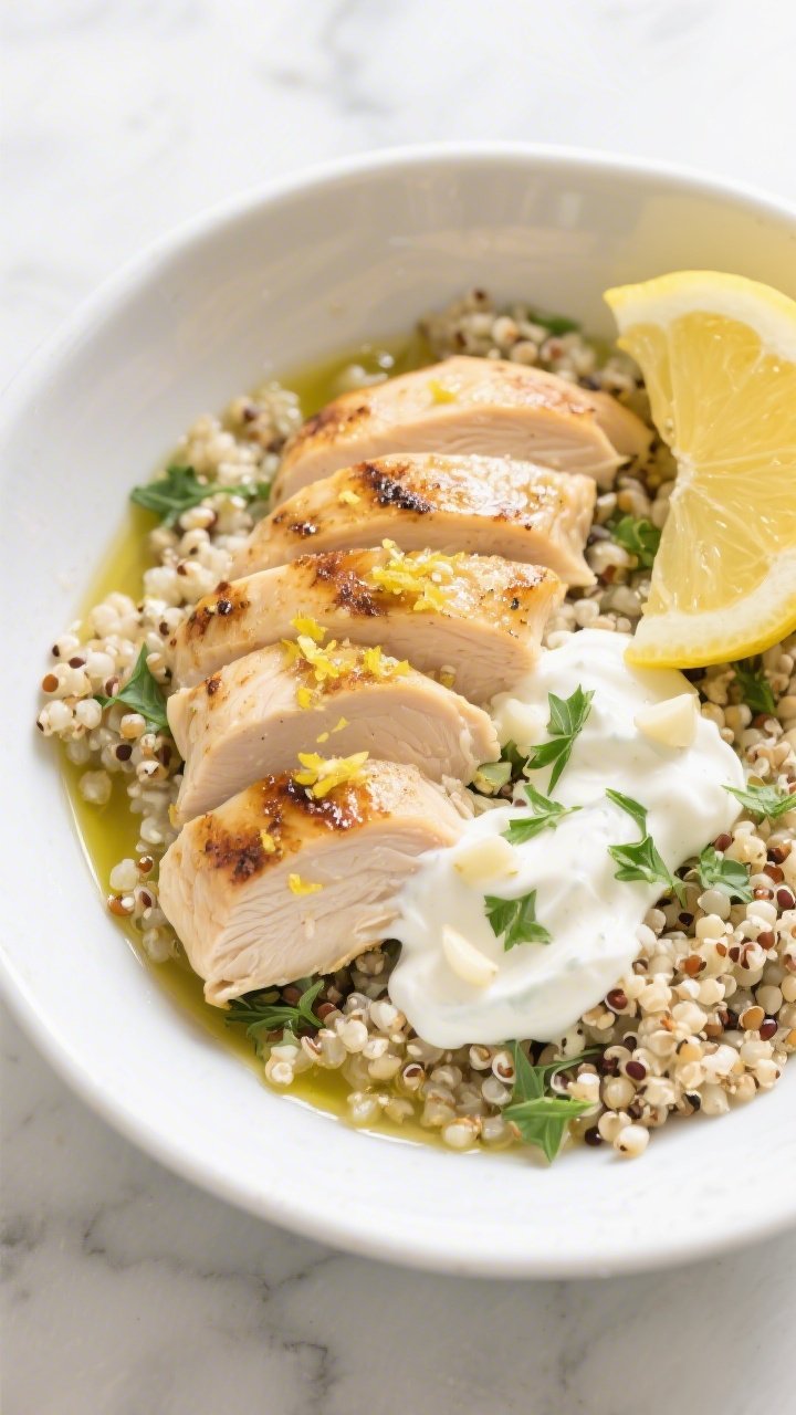 Overhead shot of Lemon-Herb Chicken and Quinoa Power Bowls: fluffy quinoa cooked in low-sodium chicken broth, topped with sliced grilled boneless skinless chicken breasts brushed with olive oil, lemon zest, and juice, dollops of garlicky Greek yogurt sauce with minced garlic, sprinkled fresh herbs, lemon wedges on the side; served in a wide white ceramic bowl on a light marble surface, olive oil sheen and quinoa texture clearly visible, bright, fresh, high-protein vibe.