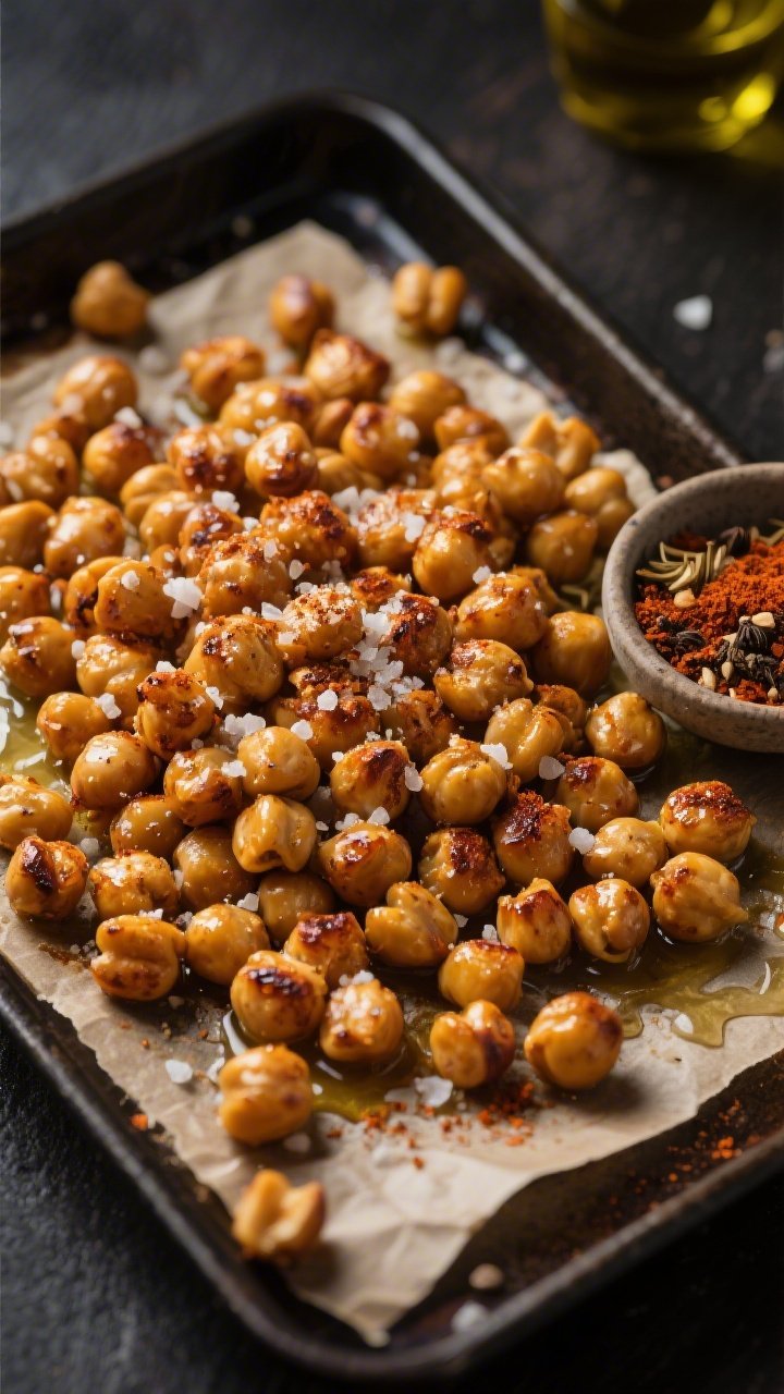 Overhead shot of roasted chickpeas fresh from the oven on a parchment-lined dark sheet pan: golden-brown, blistered chickpeas glistening with olive oil, dusted generously with sea salt, smoked paprika, ground cumin, garlic powder, and a hint of black pepper; a small bowl of the spice blend and a drizzle of olive oil nearby; warm, moody lighting to emphasize crunchy texture, no hands, just the finished roasted snack.