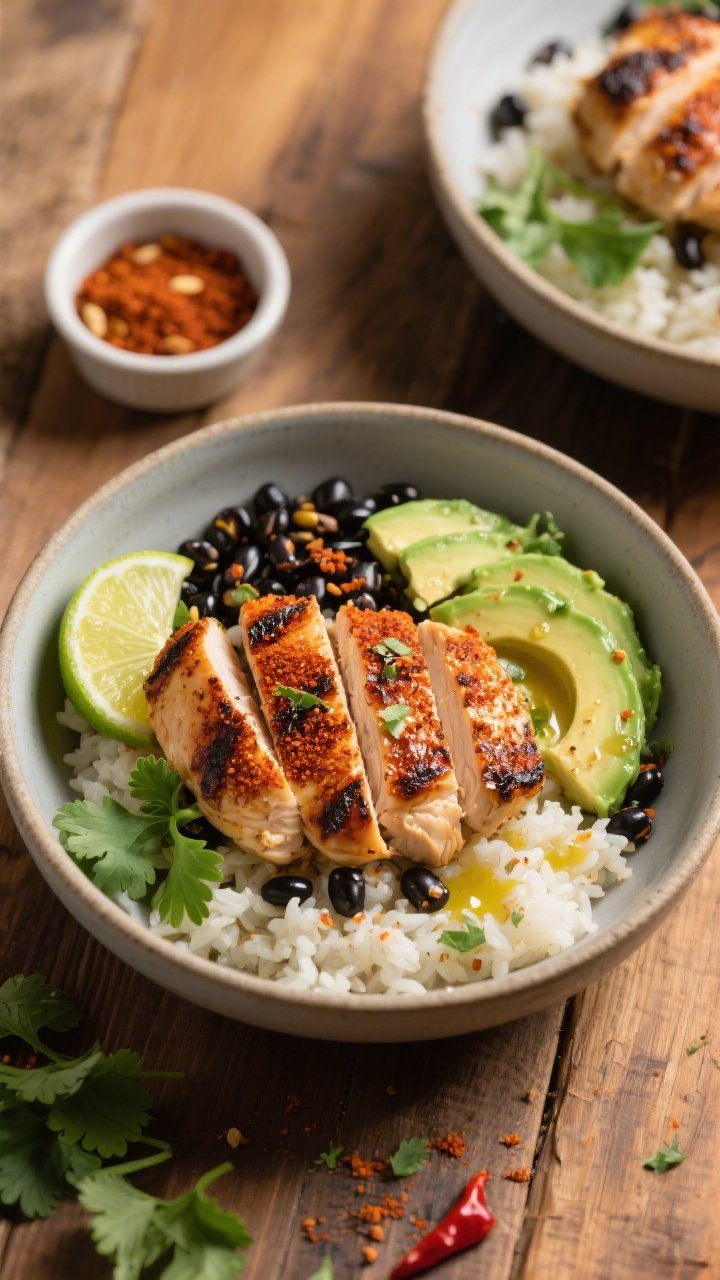 Overhead shot of smoky chili-lime chicken bowls: sliced, charred boneless skinless chicken thighs rubbed with chili powder, smoked paprika, cumin, garlic powder, and kosher salt, nestled over fluffy rice with blackened corn kernels, creamy avocado slices, lime wedges, and a drizzle of olive oil; cilantro sprigs scattered, chili-lime zest dusted, styled in matte ceramic bowls on a warm wooden table with a small ramekin of spice blend in frame.