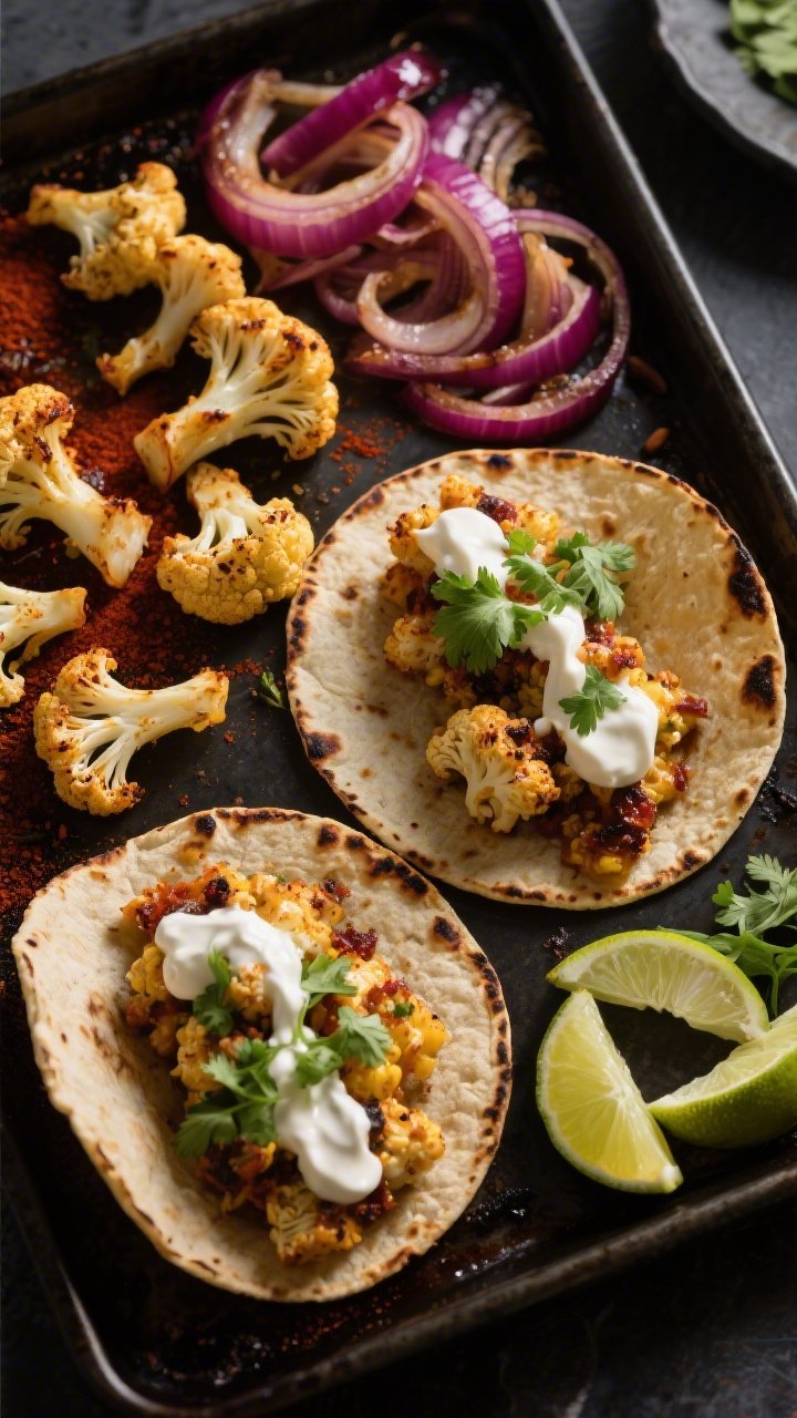 Overhead shot of smoky sheet-pan cauliflower tacos being assembled: roasted cauliflower florets dusted with smoked paprika, chili powder, and cumin alongside caramelized red onion on a dark sheet pan; warm charred corn tortillas filled with the spiced cauliflower, a generous drizzle of tangy lime crema, scattered cilantro, and lime wedges on the side. Emphasize golden-brown edges on cauliflower, vivid magenta onion, and creamy swirls of crema; moody lighting, crisp textures, no people.