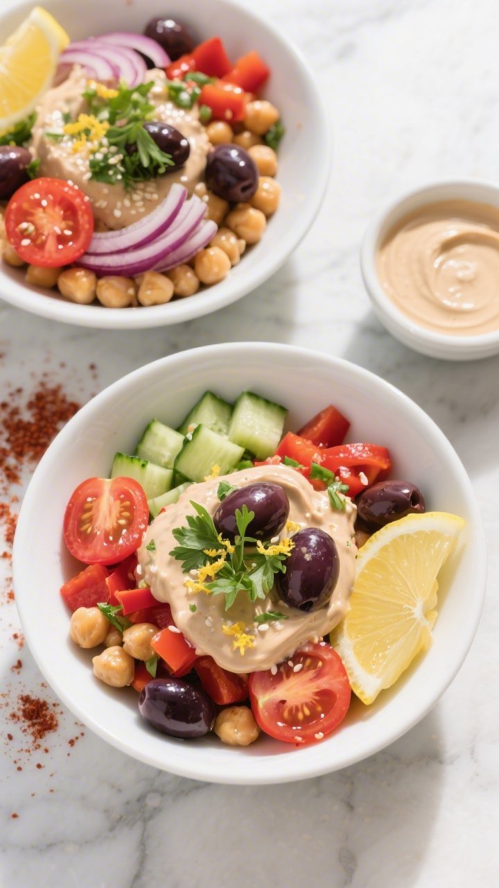 Overhead shot of Sun-Kissed Greek Chickpea Bowls assembled in wide white bowls: glistening chickpeas, diced English cucumber, halved cherry tomatoes, thin crescents of small red onion, diced red bell pepper, and glossy pitted Kalamata olives, drizzled with lemon-herb tahini and sprinkled with fresh parsley and lemon zest; sesame and sumac pinch on a marble surface, small bowl of tahini sauce with lemon wedges on the side, bright Mediterranean daylight, crisp textures, vibrant reds, greens, and purples.
