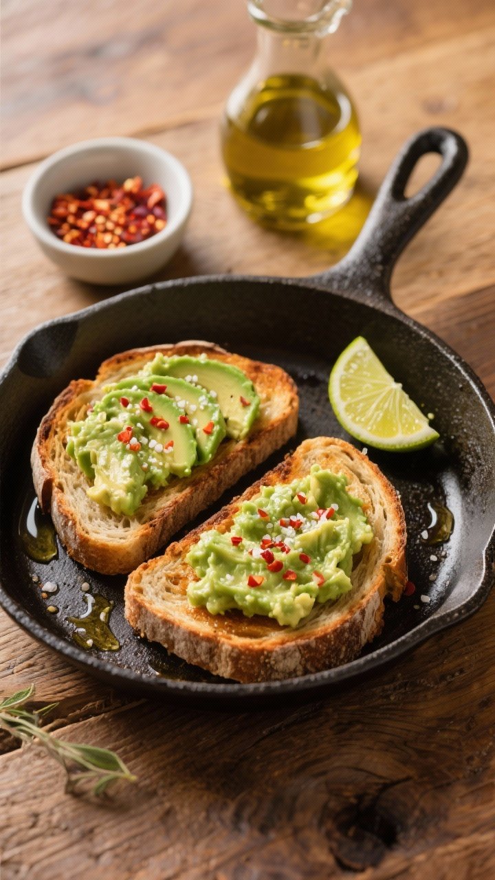 Overhead shot of two slices of hearty sourdough toasted in a cast-iron skillet, brushed with 2 tsp extra-virgin olive oil until crisp, topped with mashed ripe avocado mixed with fresh 1/2 lime juice, sprinkled with kosher salt and crushed red pepper flakes; extra lime wedge, a small bowl of chili flakes, and a glistening olive oil drizzle on a warm, rustic wooden surface. Bright, zesty mood, crunchy texture highlighted, no people.
