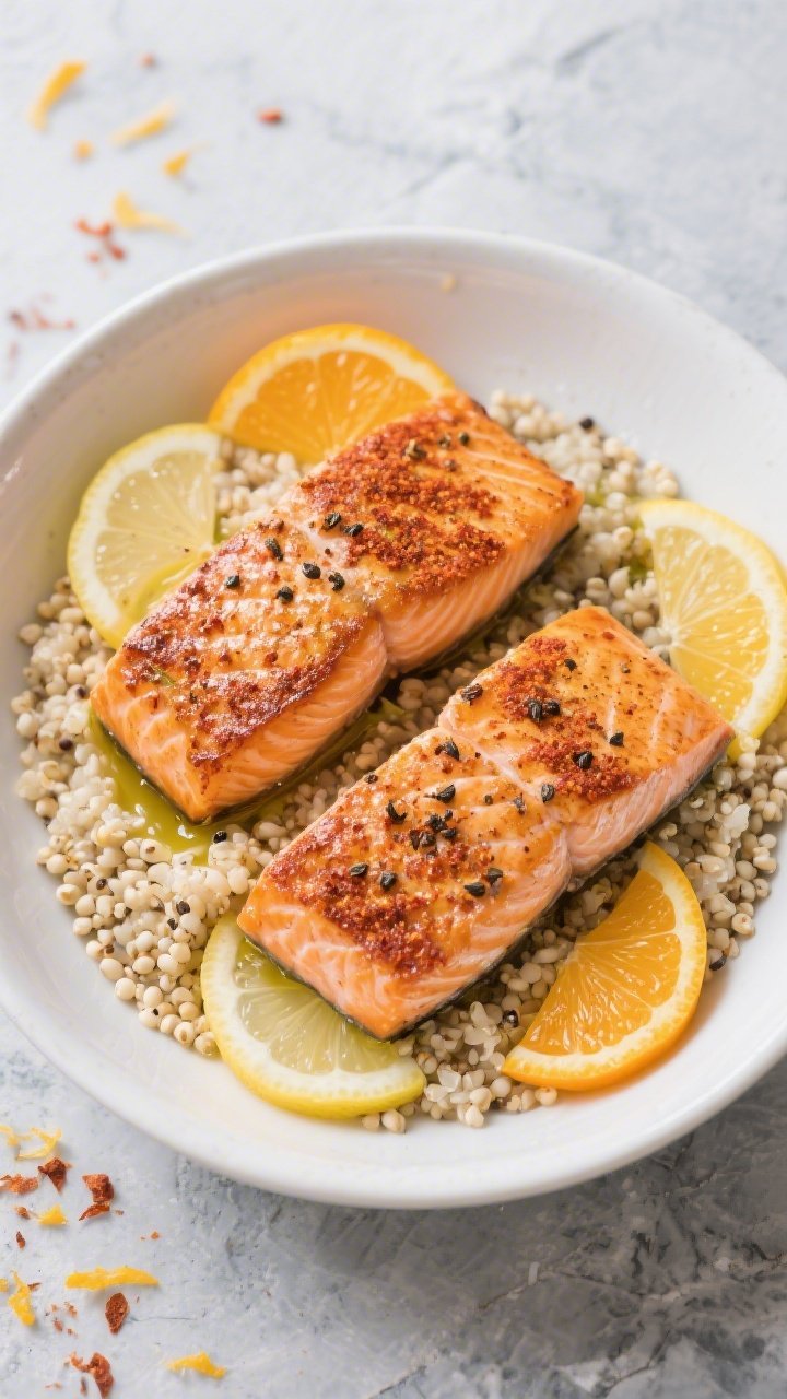 Overhead shot of zesty citrus-salmon power bowls: two crispy skin-on salmon fillets dusted with smoked paprika, ground cumin, and black pepper over a fluffy bed of unsalted cooked quinoa, garnished with thin citrus slices (lemon and orange) and a light olive oil sheen; bright, heart-healthy vibe on a white ceramic bowl set on a cool gray stone surface, with scattered citrus zest and paprika for contrast; clean, natural light, rich salmon texture and quinoa pearls in sharp focus.