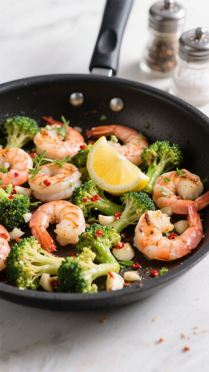 Overhead skillet action: Lemon-garlic shrimp and broccoli in a black sauté pan, large shrimp curled and pink with light char, bright green broccoli florets still crisp; minced garlic speckled throughout; micro-zest of lemon scattered on top with lemon halves and a small puddle of fresh juice glistening; red pepper flakes sprinkled lightly; salt and pepper grinders in frame; clean, fresh daylight.
