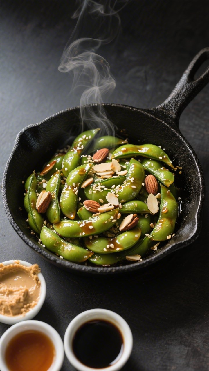 Overhead skillet action: Maple-miso edamame in a black cast-iron skillet—plump, glossy green edamame coated in a lacquer of toasted sesame oil, low-sodium soy/tamari, white miso paste, pure maple syrup, and a hint of rice vinegar. Toasted almond slivers scattered over top, a wisp of steam, and a small ramekin trio of miso, maple, and soy nearby. Rich contrast and shine to showcase the sticky-savory glaze.